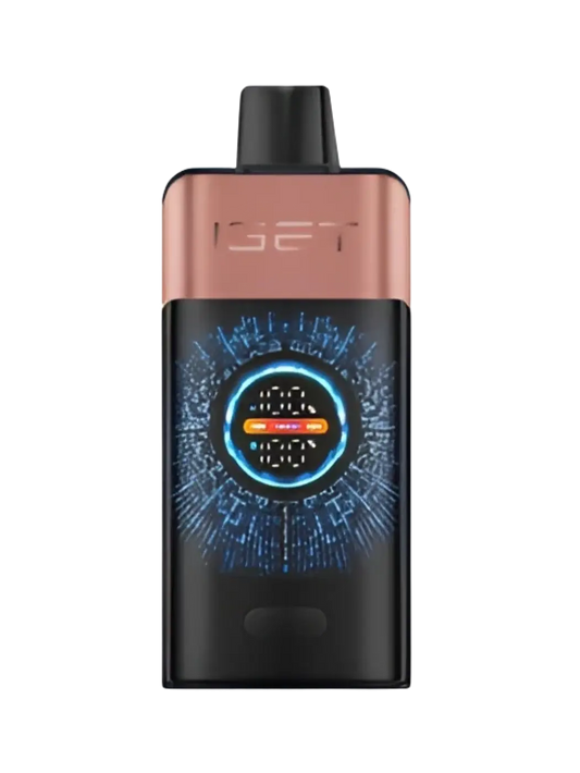 The iget one strawberry vape device in sleek black and rose gold features a glowing blue digital display with orange accents