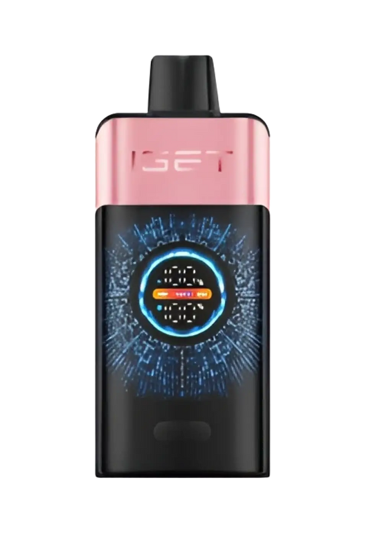 Pink and black iset vape pen with glowing blue digital display for iget one strawberry watermelon ice flavor
