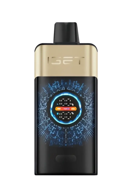 Black and gold iset vape device with circular digital display and blue circuitry patterns for tropical orange monster