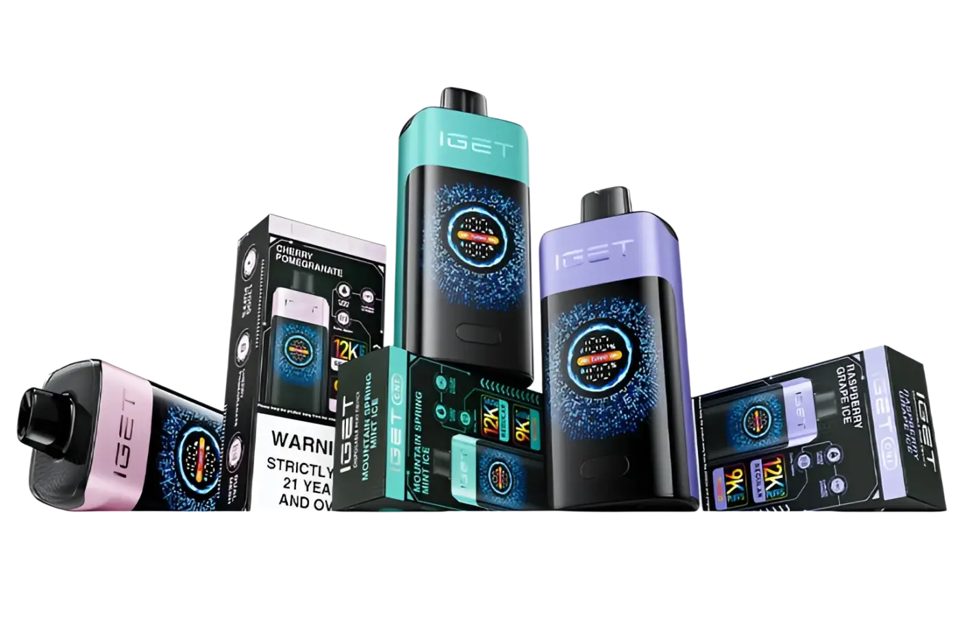 The mix and match 1 features three iget vapes in teal purple and pink with sleek black bodies and glowing displays